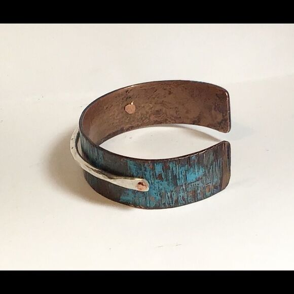Bracelet, Copper & Sterling with Turquoise Patina Cuff, NEW, Handmade - Picture 3 of 4